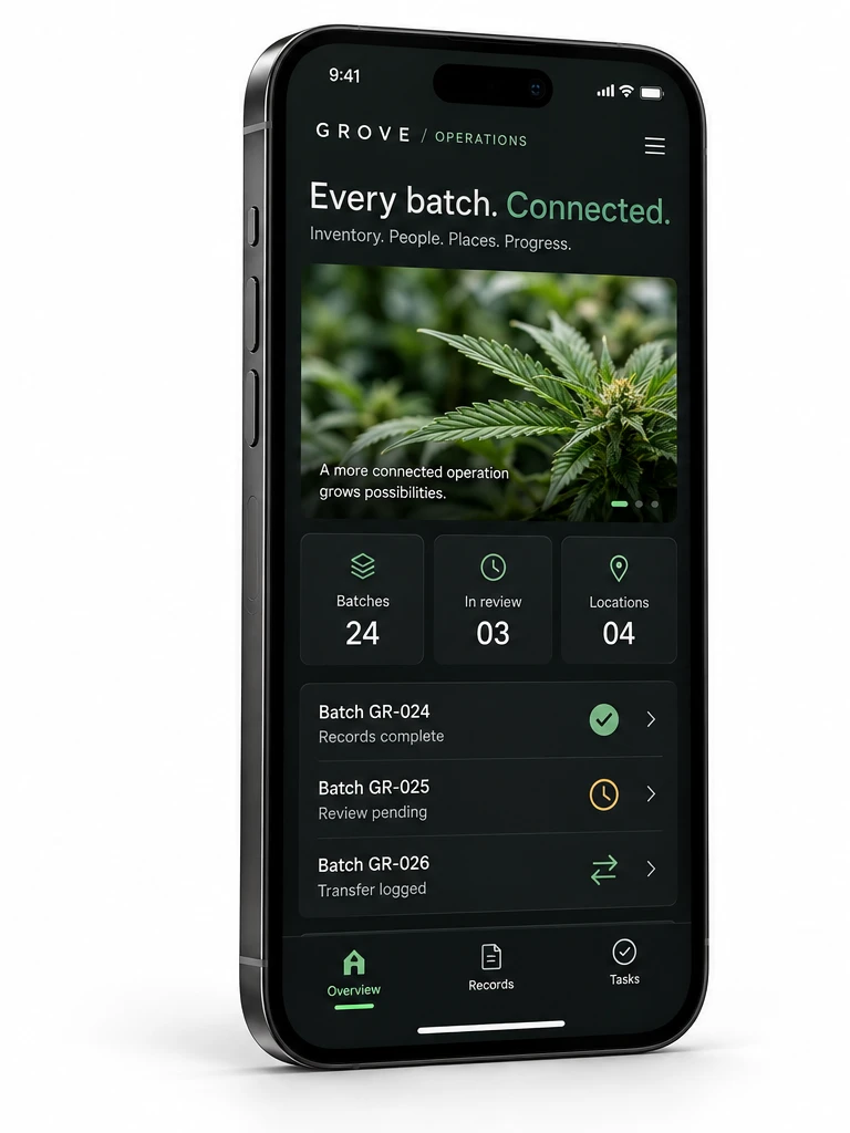 Dark cannabis operations phone app with cannabis leaf imagery, batch records and review tasks