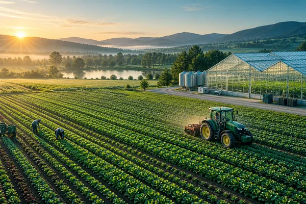 An aerial oblique view of emerald crop rows, modern greenhouse and a tractor on a working farm at sunrise