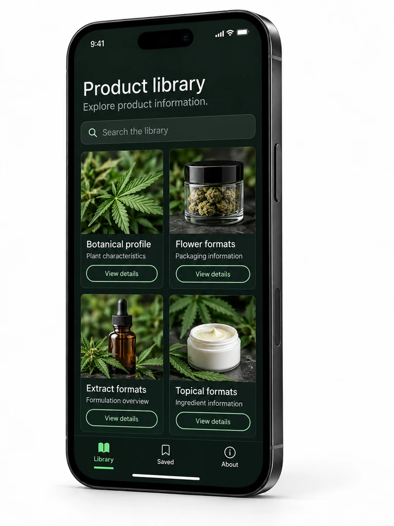 Dark phone app with a four-card botanical product information grid and View details buttons