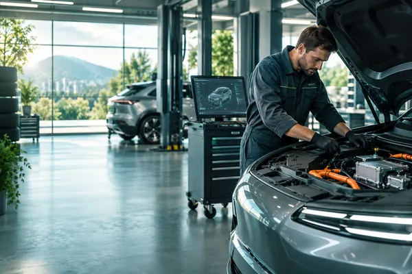 A premium contemporary automotive service workshop with an electric car, diagnostic equipment and a technician