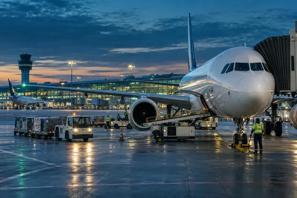 A commercial passenger airplane on an airport apron with ground equipment and terminal architecture at blue hour