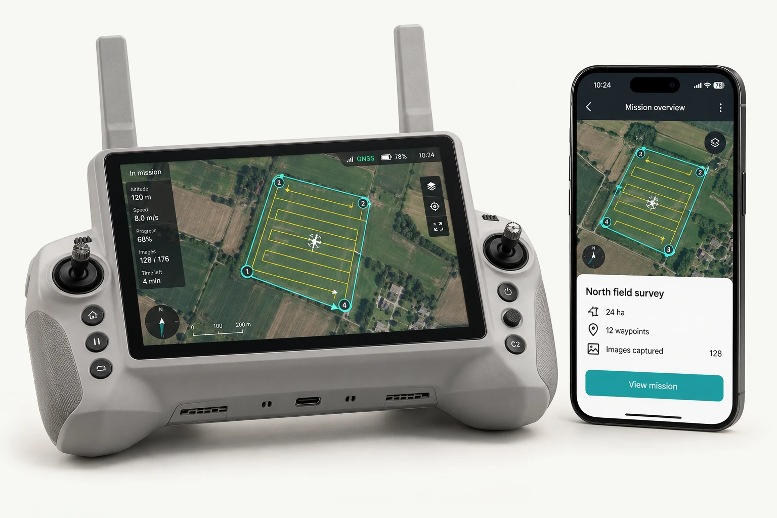 Photorealistic drone controller with a wide landscape survey screen beside an iPhone showing a mission map, flight path and capture details