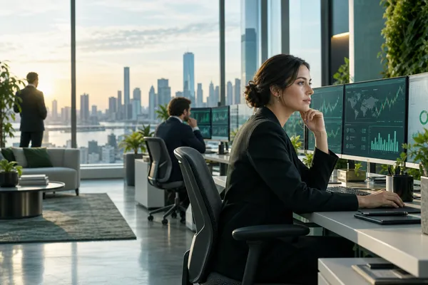 A contemporary financial operations office overlooking a city skyline, analysts at desks with abstract data screens