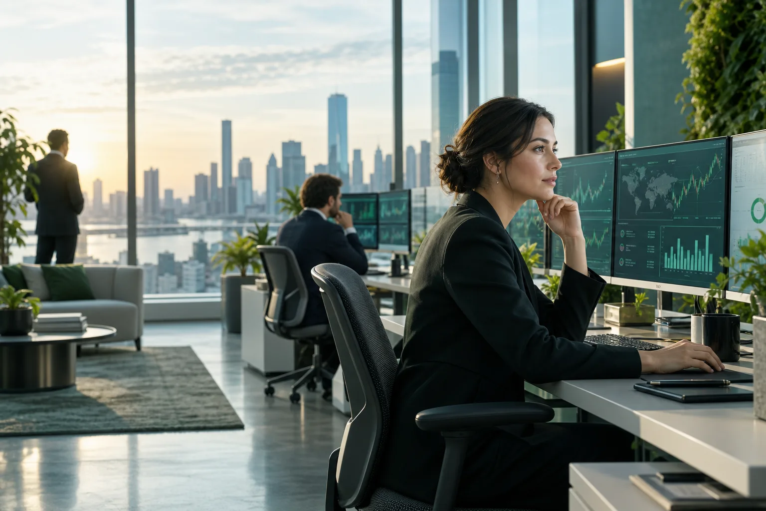 A contemporary financial operations office overlooking a city skyline, analysts at desks with abstract data screens