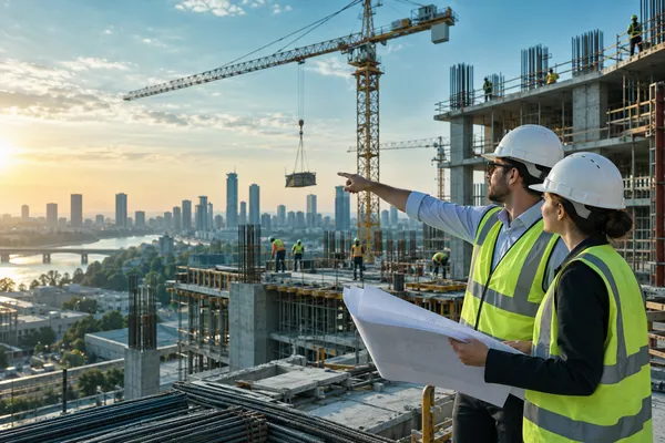 An active commercial building construction site with cranes, concrete structure and engineers wearing hard hats