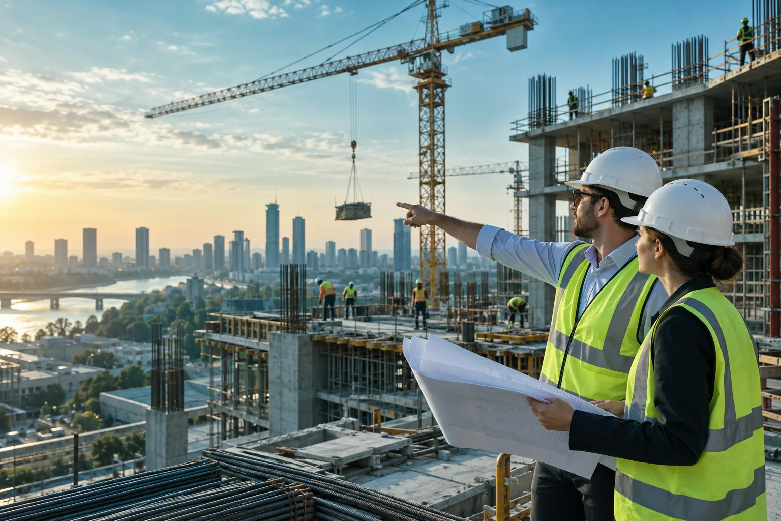 An active commercial building construction site with cranes, concrete structure and engineers wearing hard hats