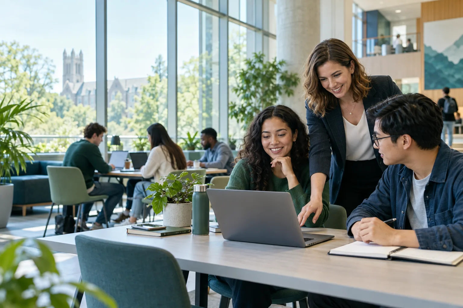 A bright modern university learning space with adult students using laptops and an instructor