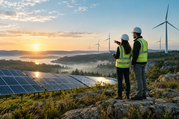 A wide renewable energy landscape with solar panels and wind turbines at sunrise