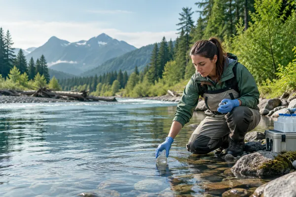 An environmental field specialist collecting water samples beside a river with forest and restoration habitat