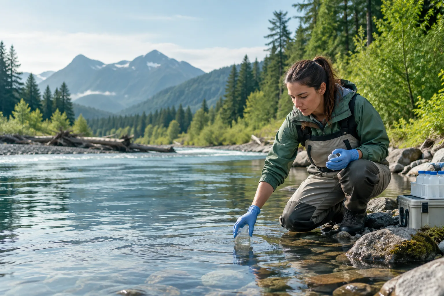 An environmental field specialist collecting water samples beside a river with forest and restoration habitat