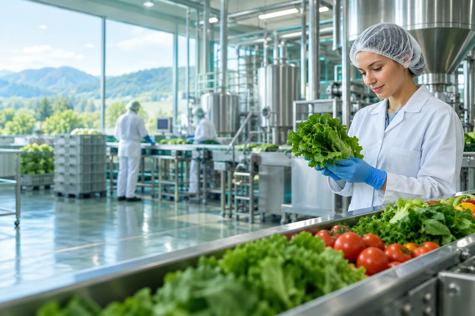 A pristine modern food production facility with stainless steel processing equipment and fresh ingredients