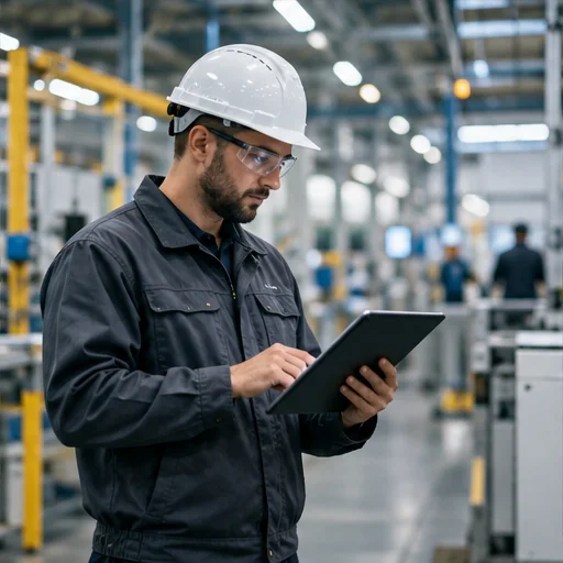 Factory technician with tablet