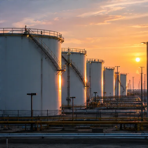 Storage tanks at sunset