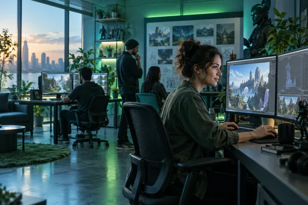 A game development studio with desktop monitors showing abstract 3D worlds and colorful studio lighting