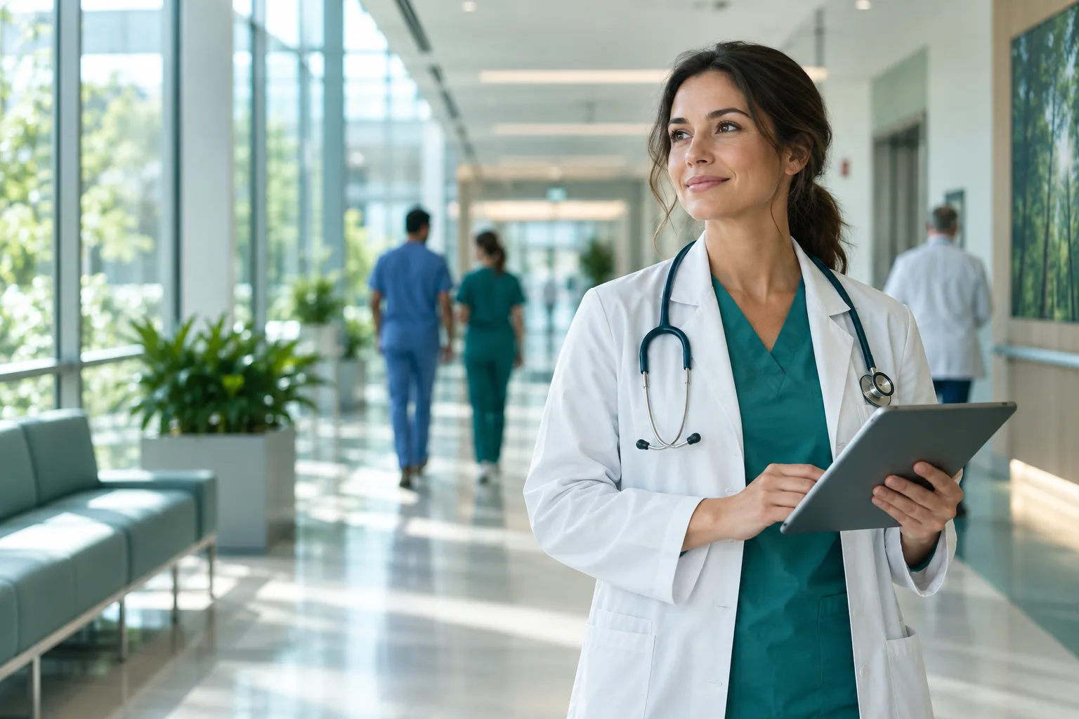 A modern hospital corridor with a clinician holding a tablet, reassuring daylight and professional care environment