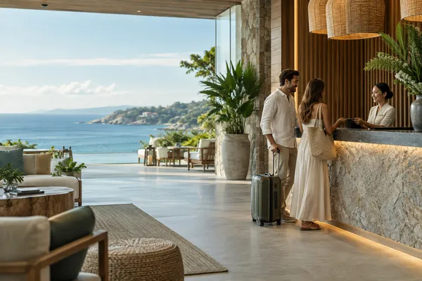 A sophisticated coastal resort reception with expansive sea views, welcoming natural materials