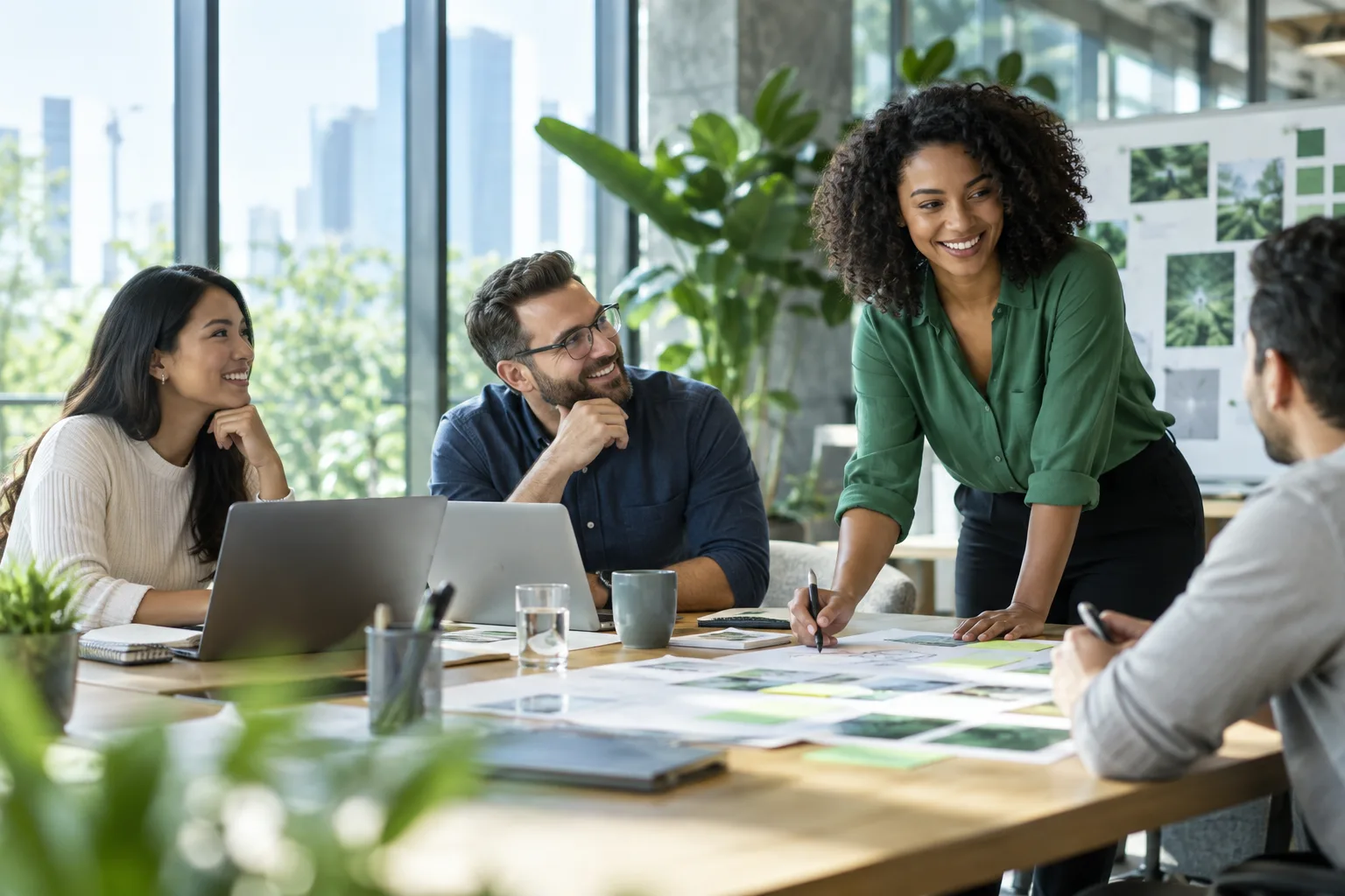 A diverse professional team collaborating in a bright contemporary office workshop
