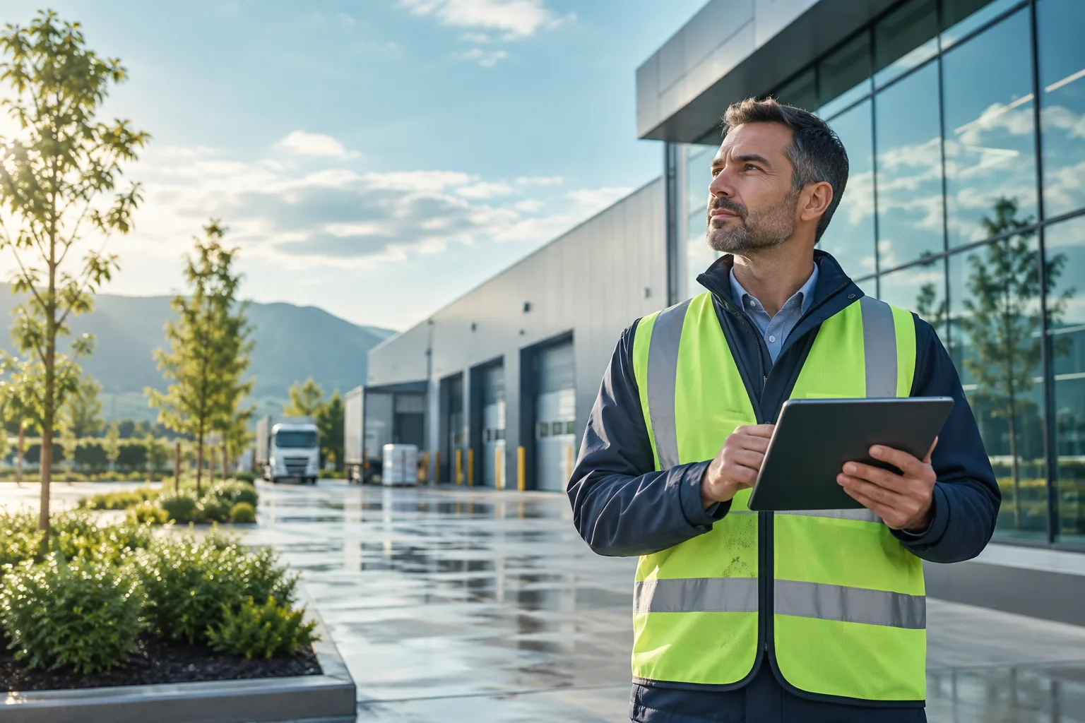 An insurance field assessor examining a commercial property with a tablet, natural daylight
