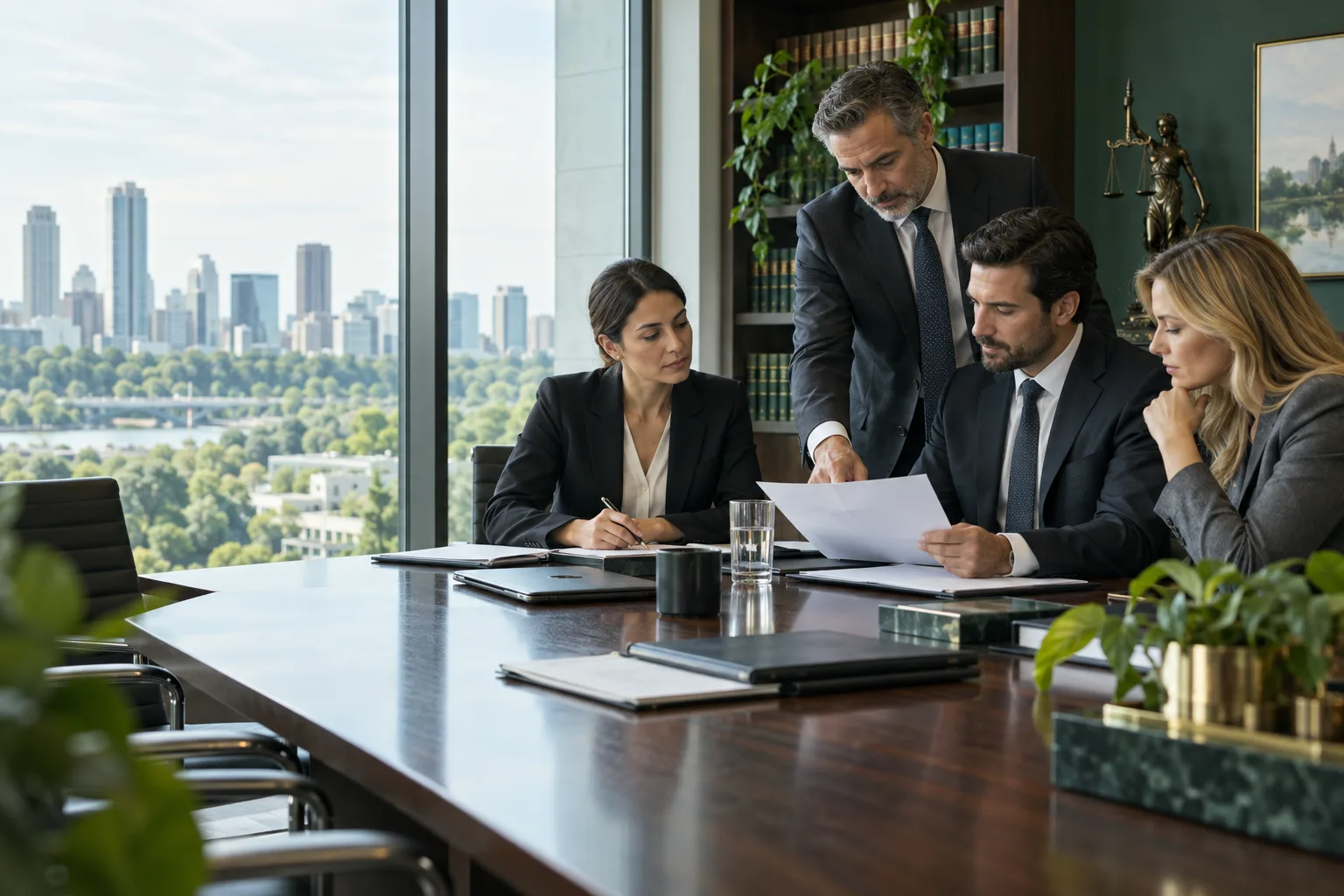 A refined law office with legal professionals reviewing documents around a conference table