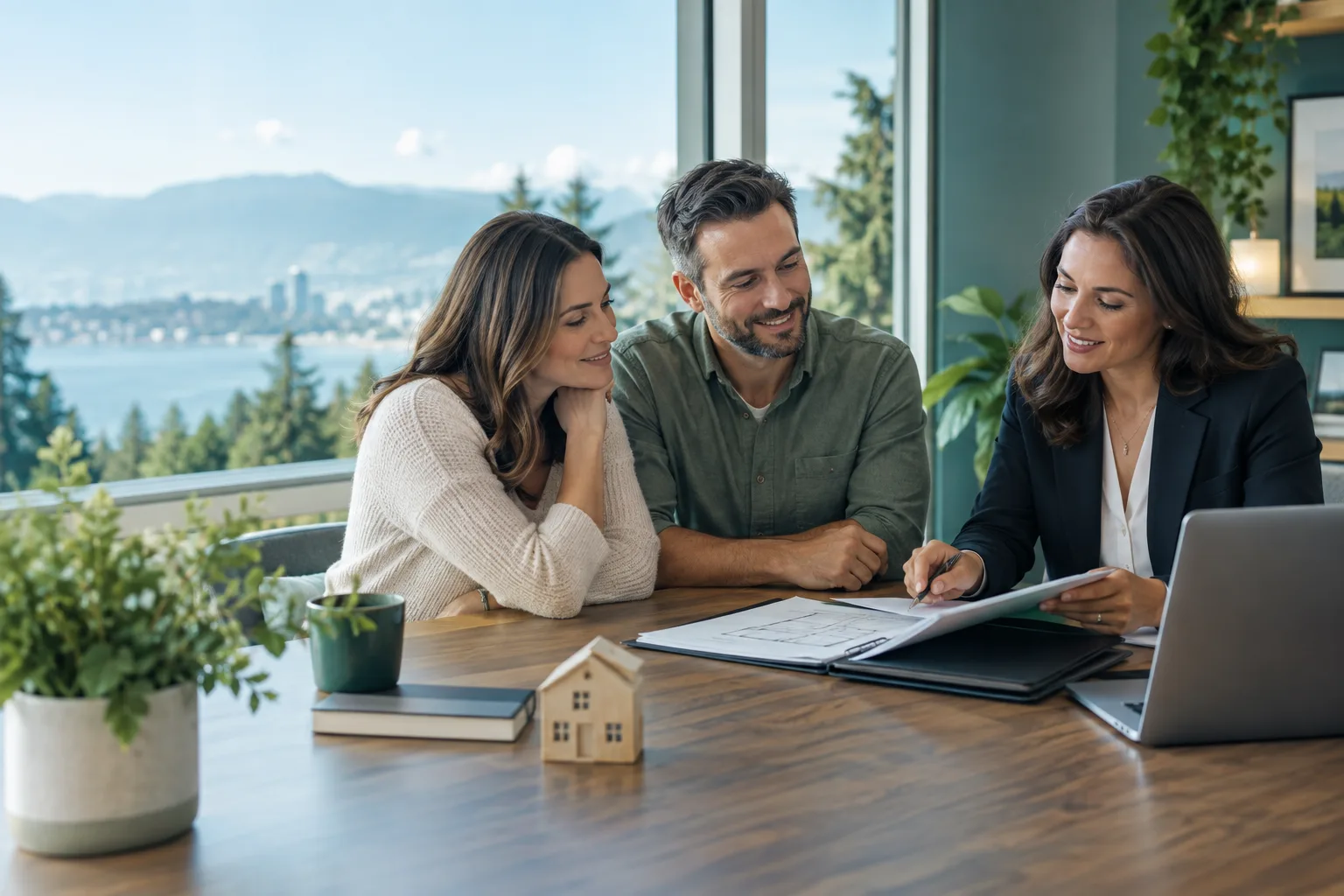 A contemporary financial service advisor discussing a home financing application with adult customers