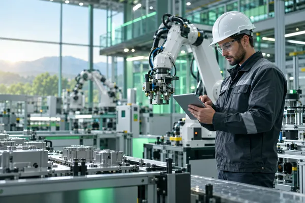 A precision manufacturing plant with robotic assembly equipment and a safety-equipped engineer