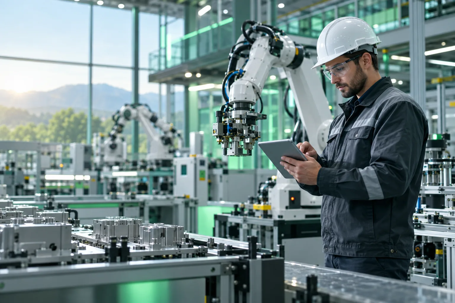 A precision manufacturing plant with robotic assembly equipment and a safety-equipped engineer