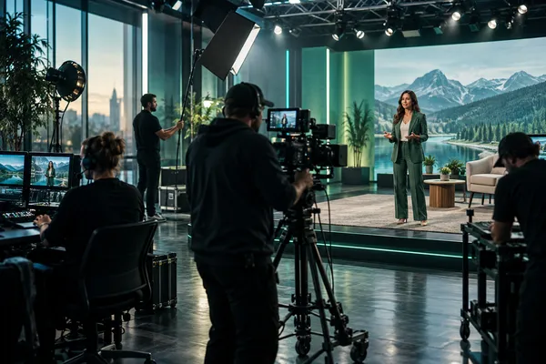 A professional broadcast production studio with cameras, stage lighting and a video production crew