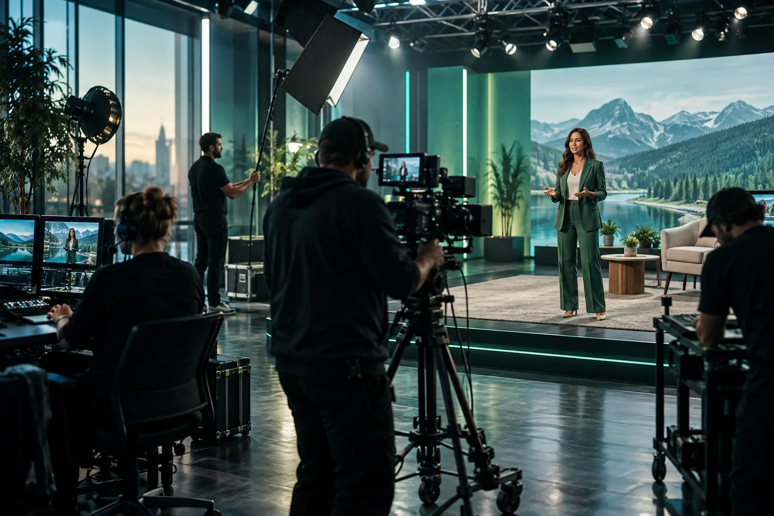 A professional broadcast production studio with cameras, stage lighting and a video production crew
