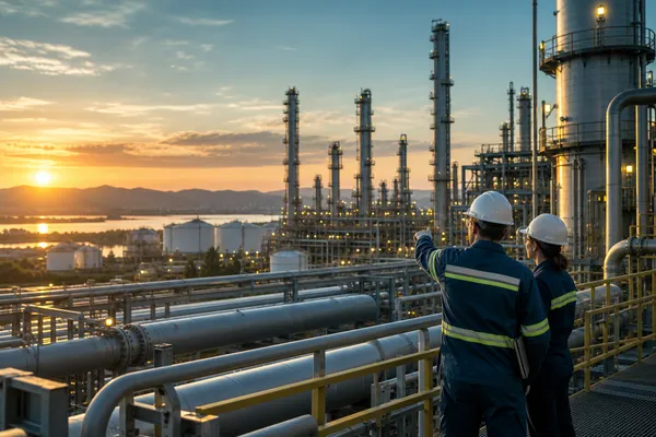 An industrial refinery with pipelines and process towers at golden hour, realistic energy infrastructure