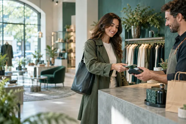 A stylish retail checkout with a customer using a contactless payment terminal and a merchant