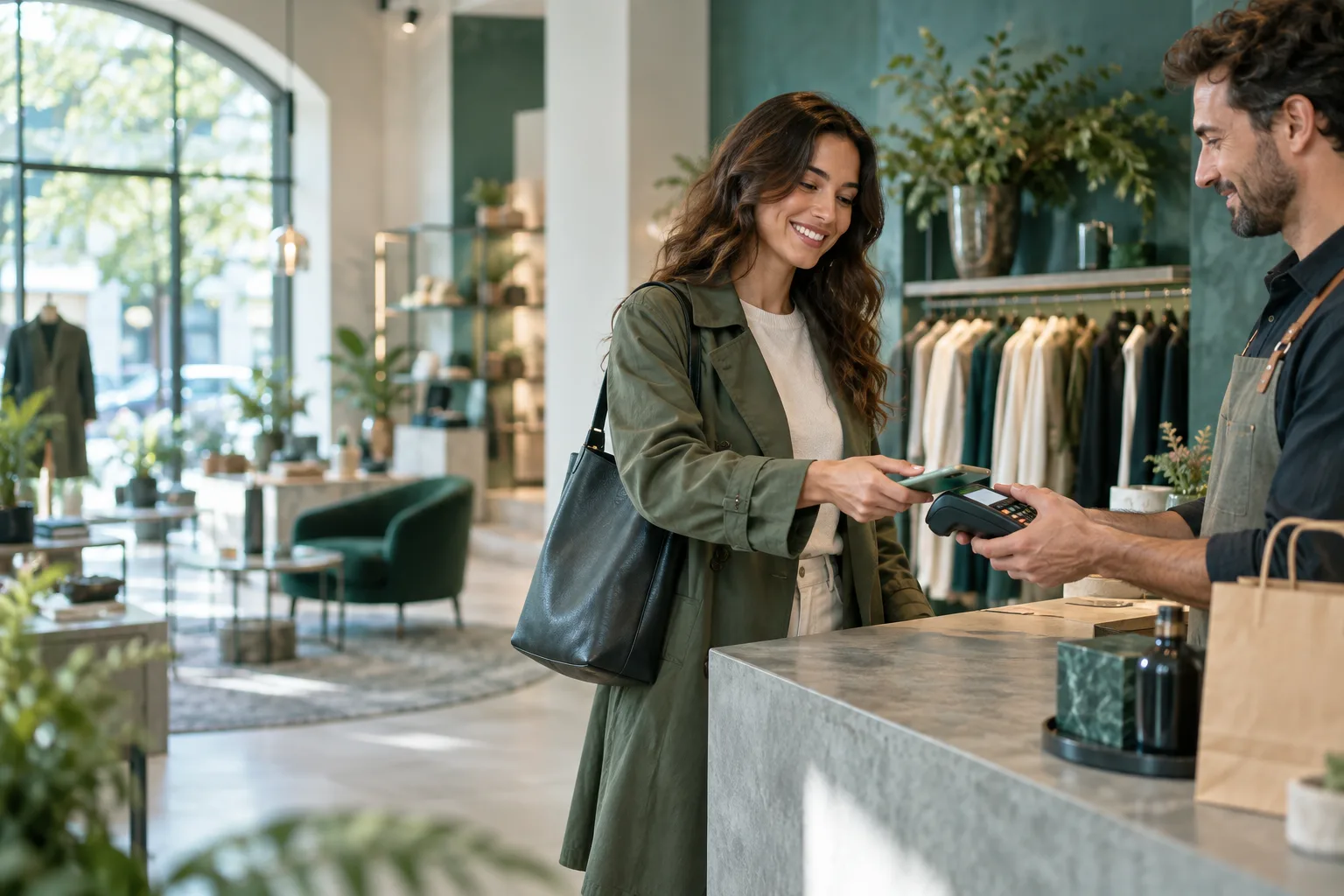 A stylish retail checkout with a customer using a contactless payment terminal and a merchant
