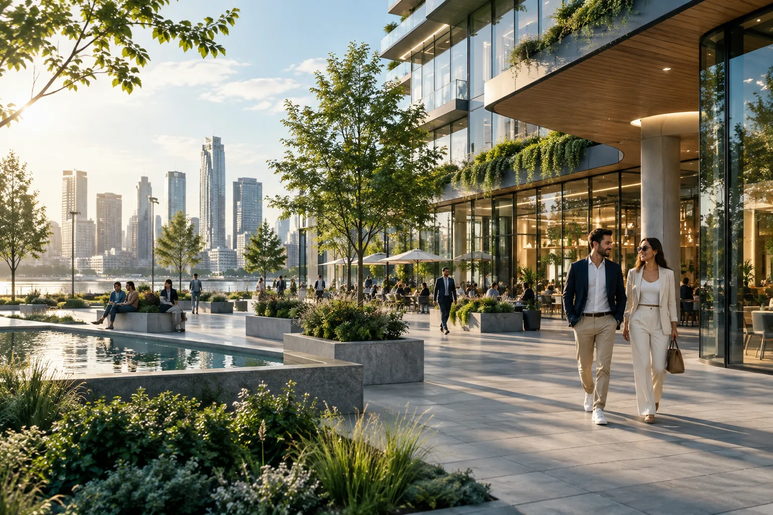 A contemporary urban mixed-use property exterior with landscaped plaza and distinctive architecture