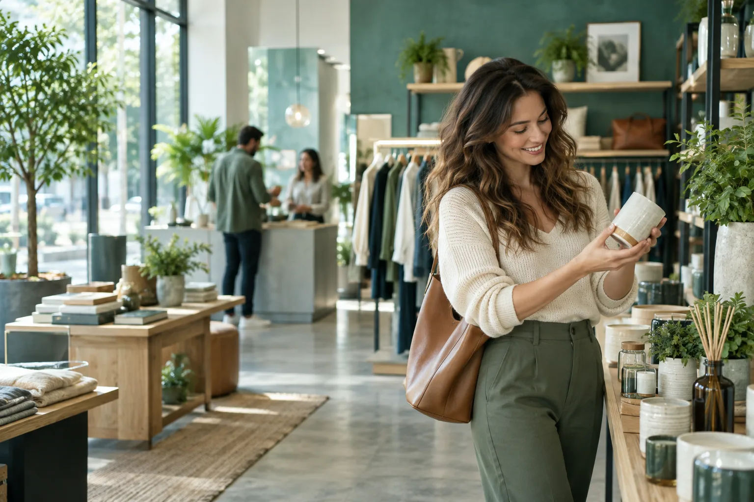 A stylish contemporary retail store with neatly arranged merchandise and a friendly customer experience