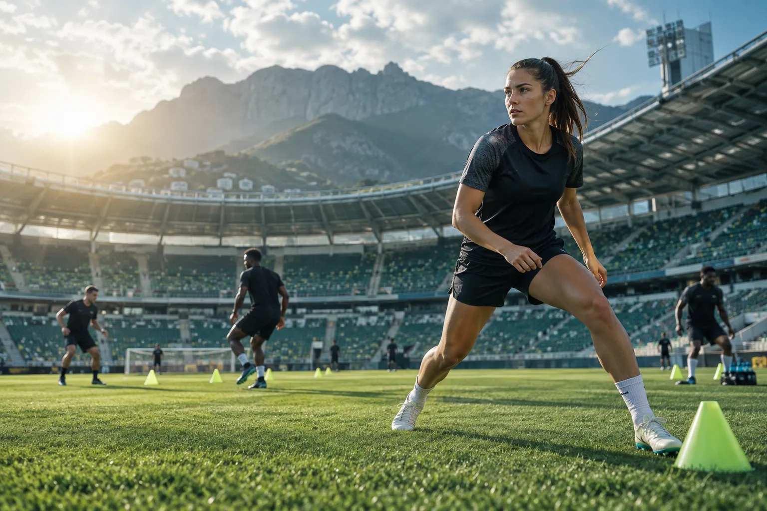 A professional outdoor sports stadium during a training session, dramatic natural light