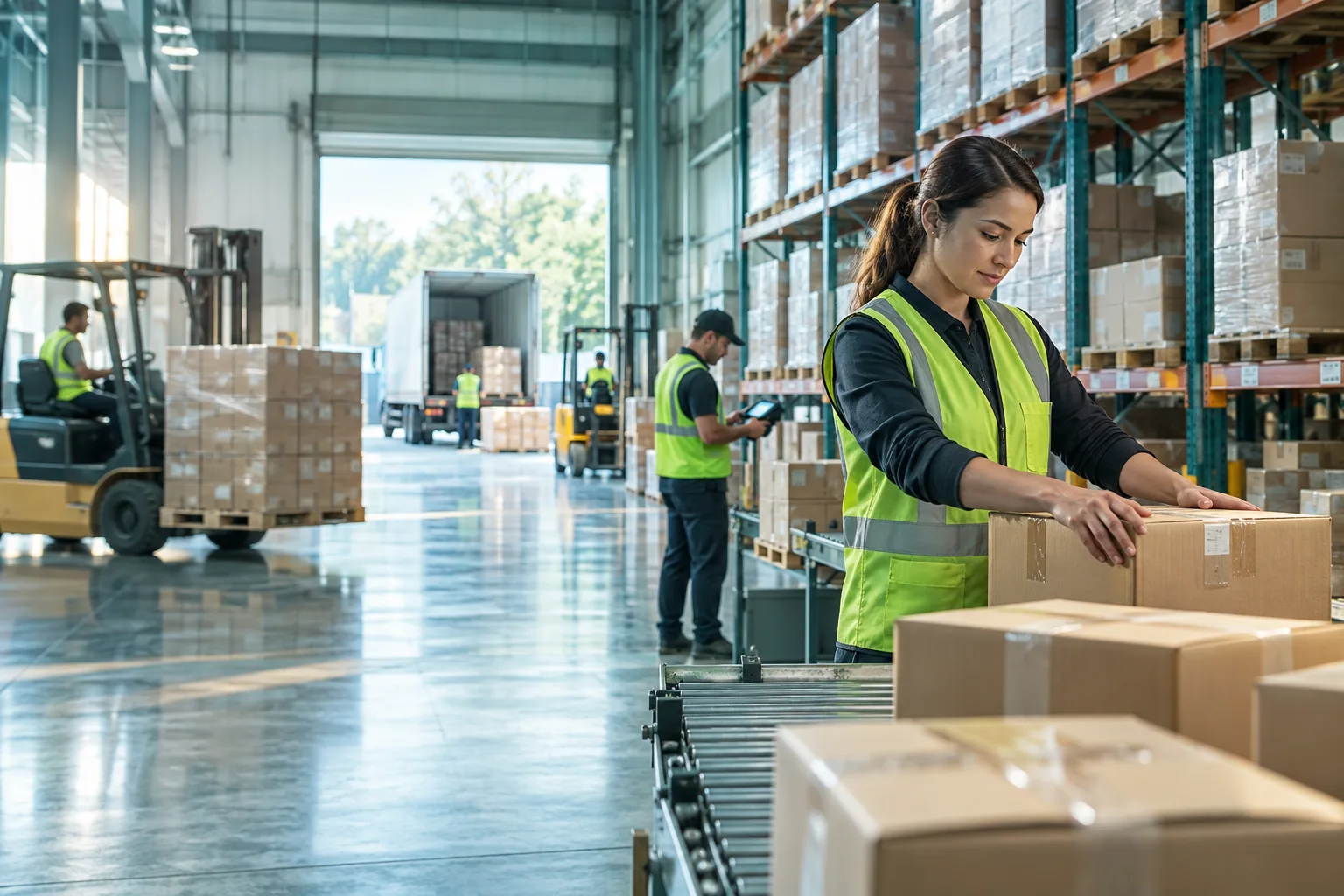 A spacious distribution warehouse with organized racks, parcel handling and forklifts