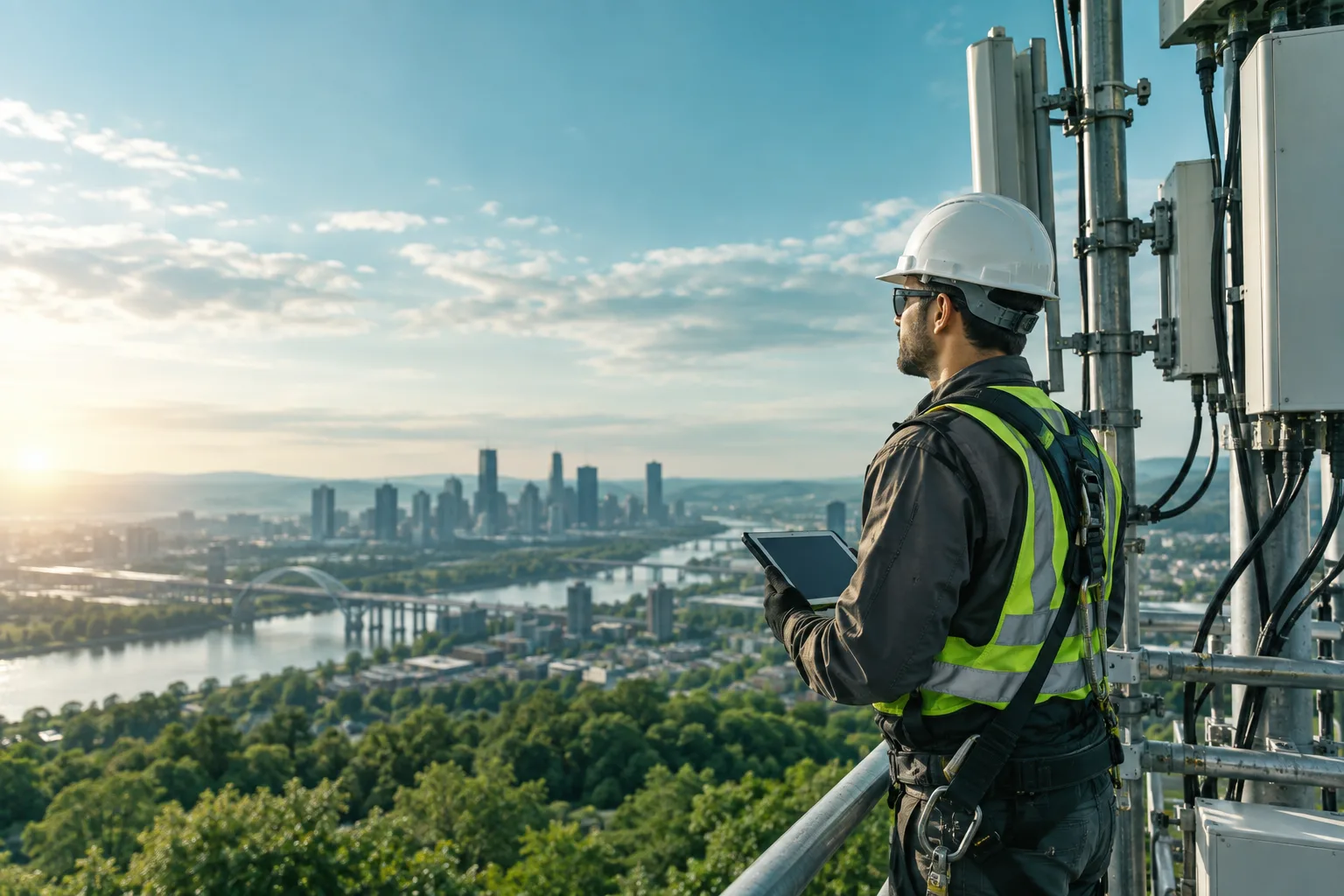 A telecommunications engineer inspecting a modern cell tower with distant city infrastructure