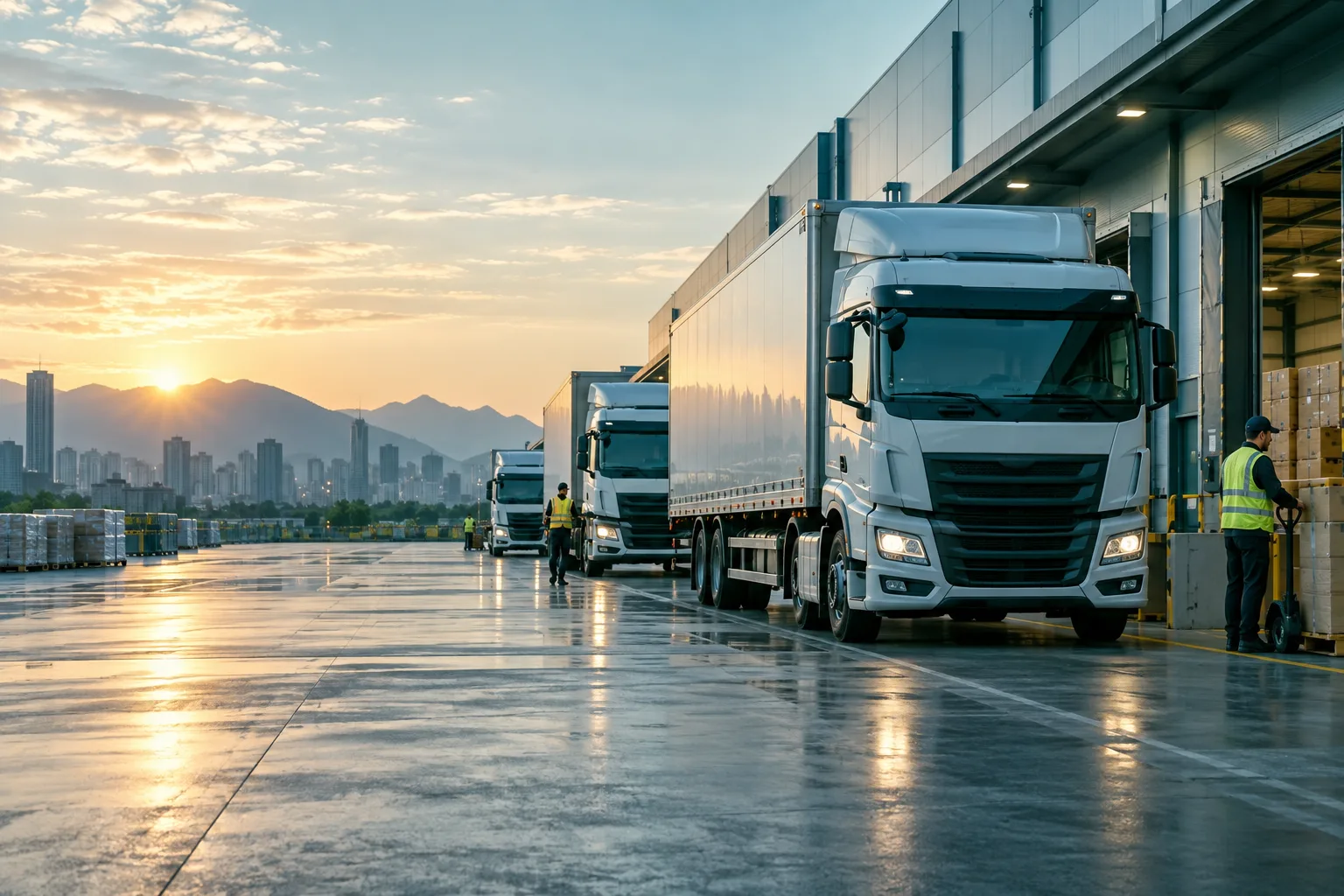 A fleet of commercial delivery trucks at a modern logistics terminal at dawn