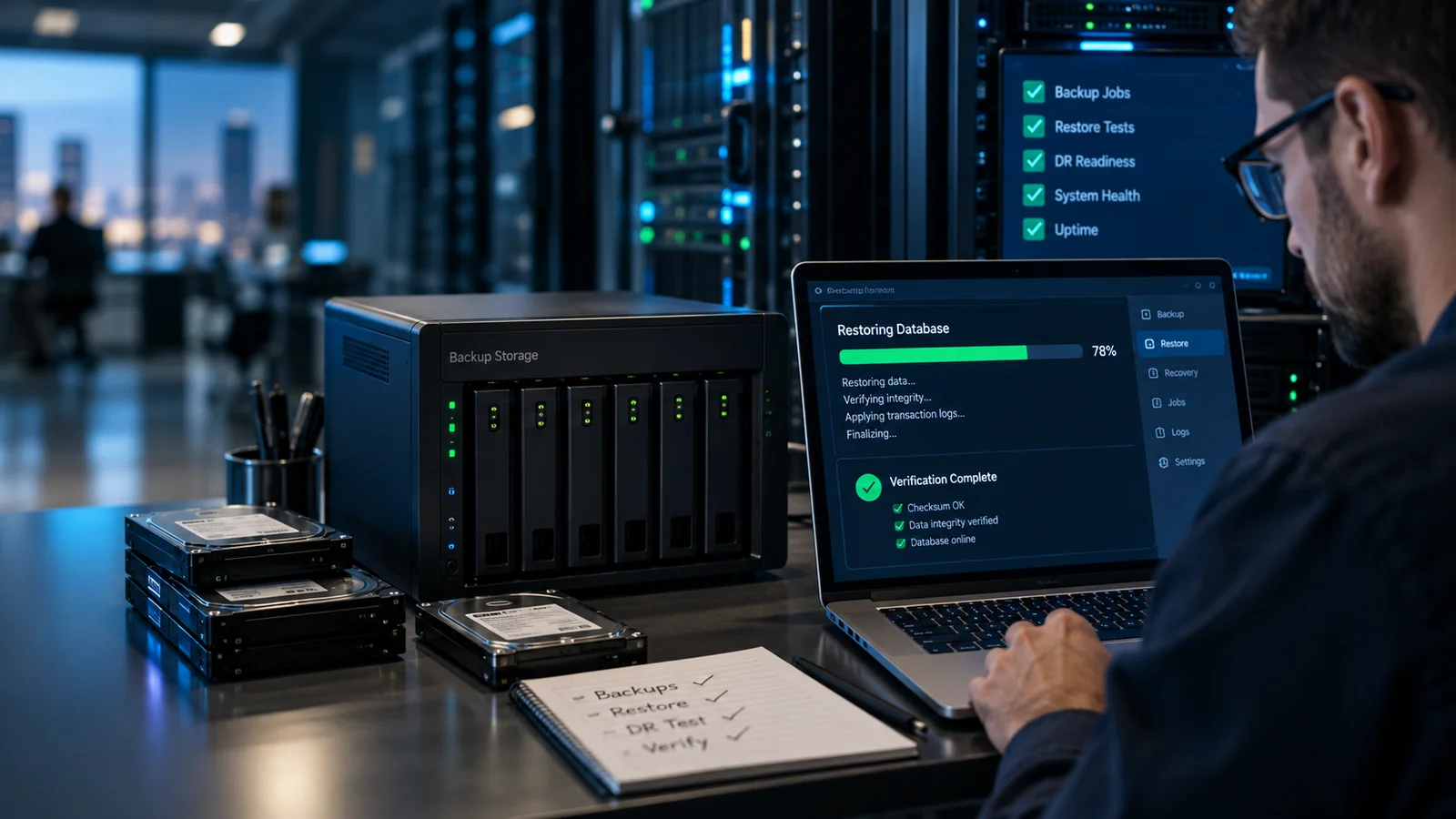 A technician verifying a restored database on a laptop beside a dedicated backup storage appliance and neatly organized removable drives, progress and verification panels, realistic hardware photography