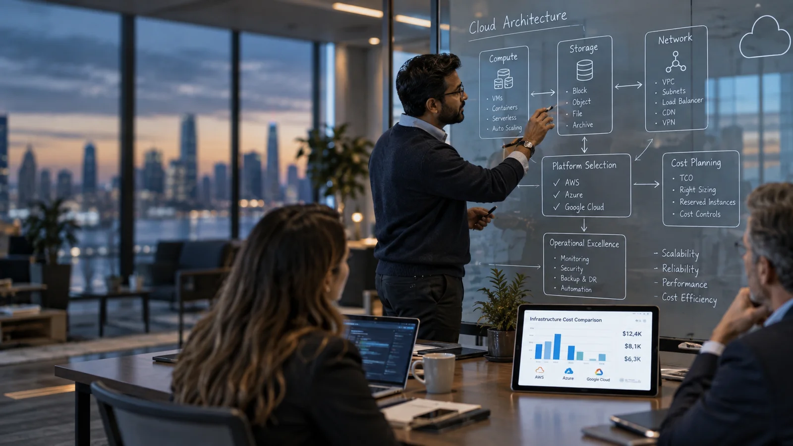 A cloud architect mapping compute, storage and network options on a transparent planning board, tablet showing infrastructure cost comparison, modern executive technology meeting space