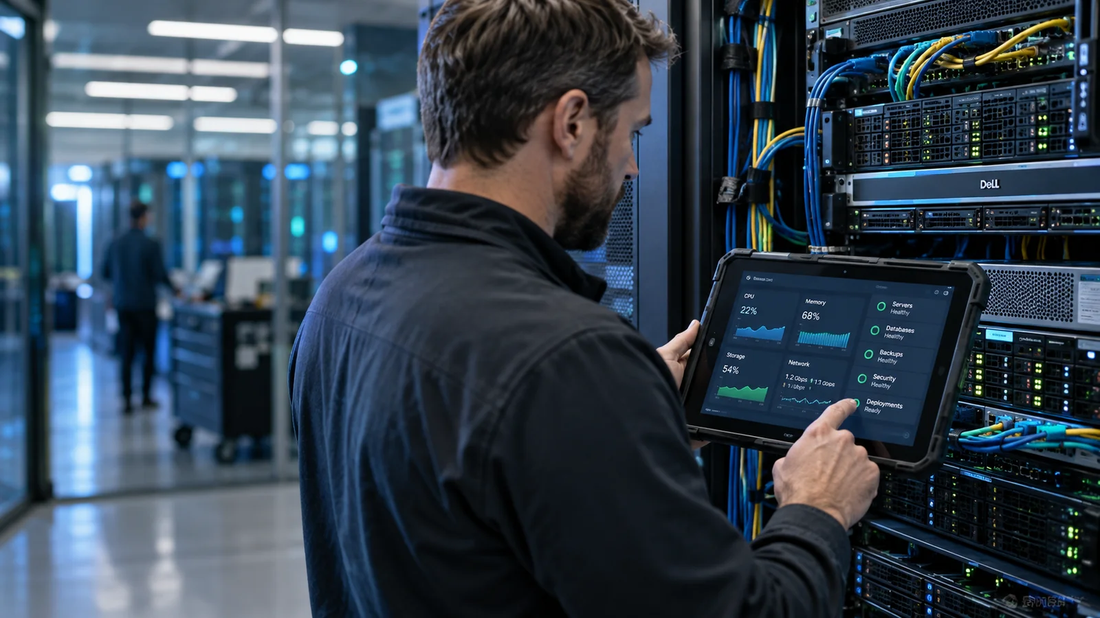An engineer inspecting a real server rack with a rugged tablet showing resource utilization tiles and network status, close view of cables and hardware, cool clean industrial light