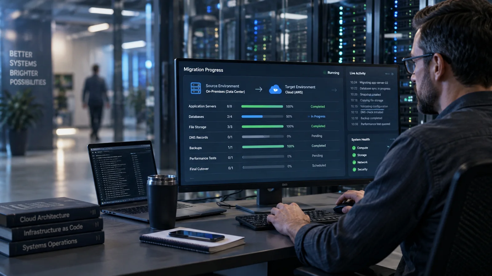 An infrastructure engineer moving workloads between two environments on a large monitor with source and target columns and progress rows, server aisle visible through glass in background