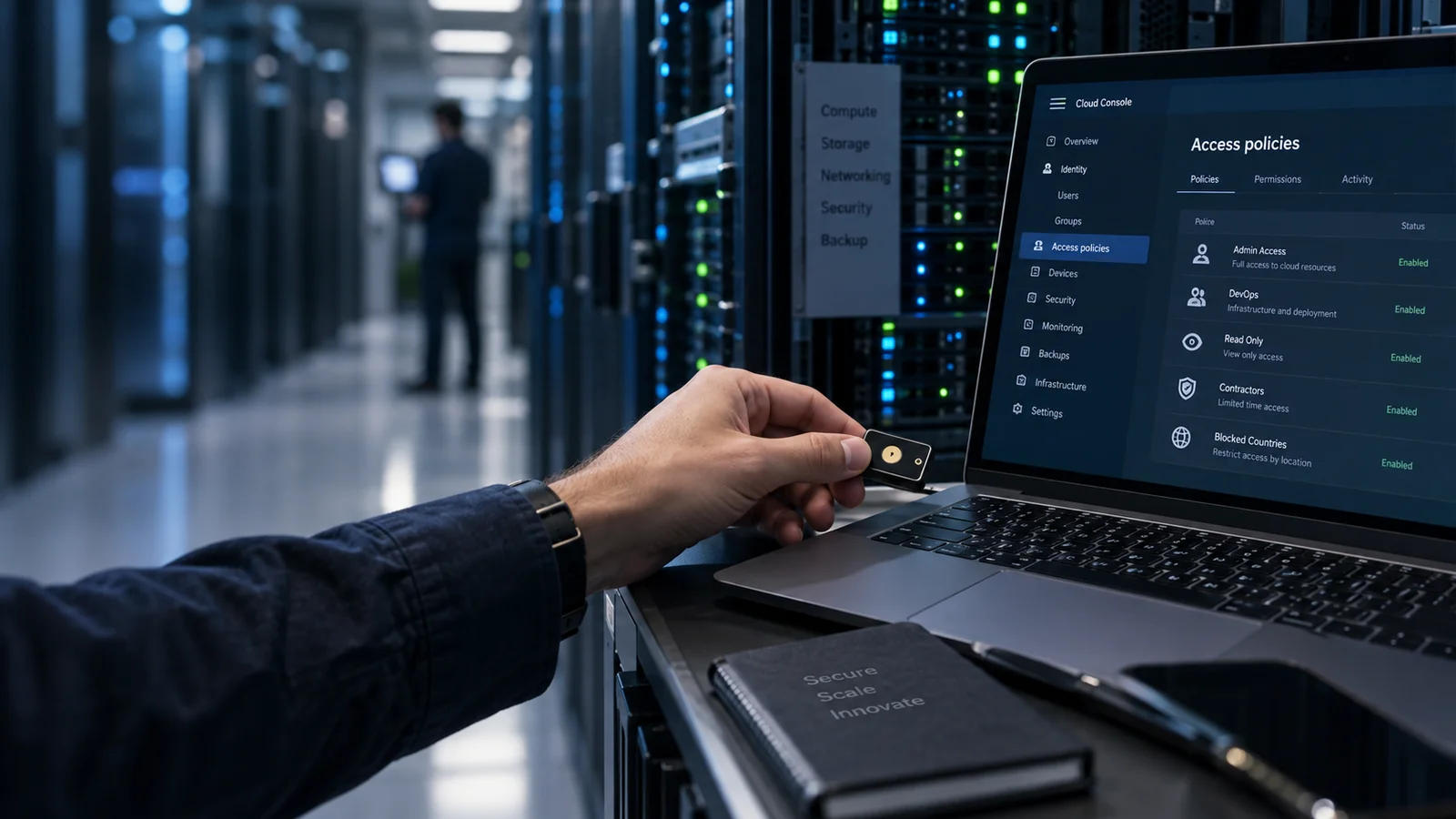Close-up of a security operator using a physical security key next to a laptop with cloud identity permissions and access policy interface, secure server room softly visible behind