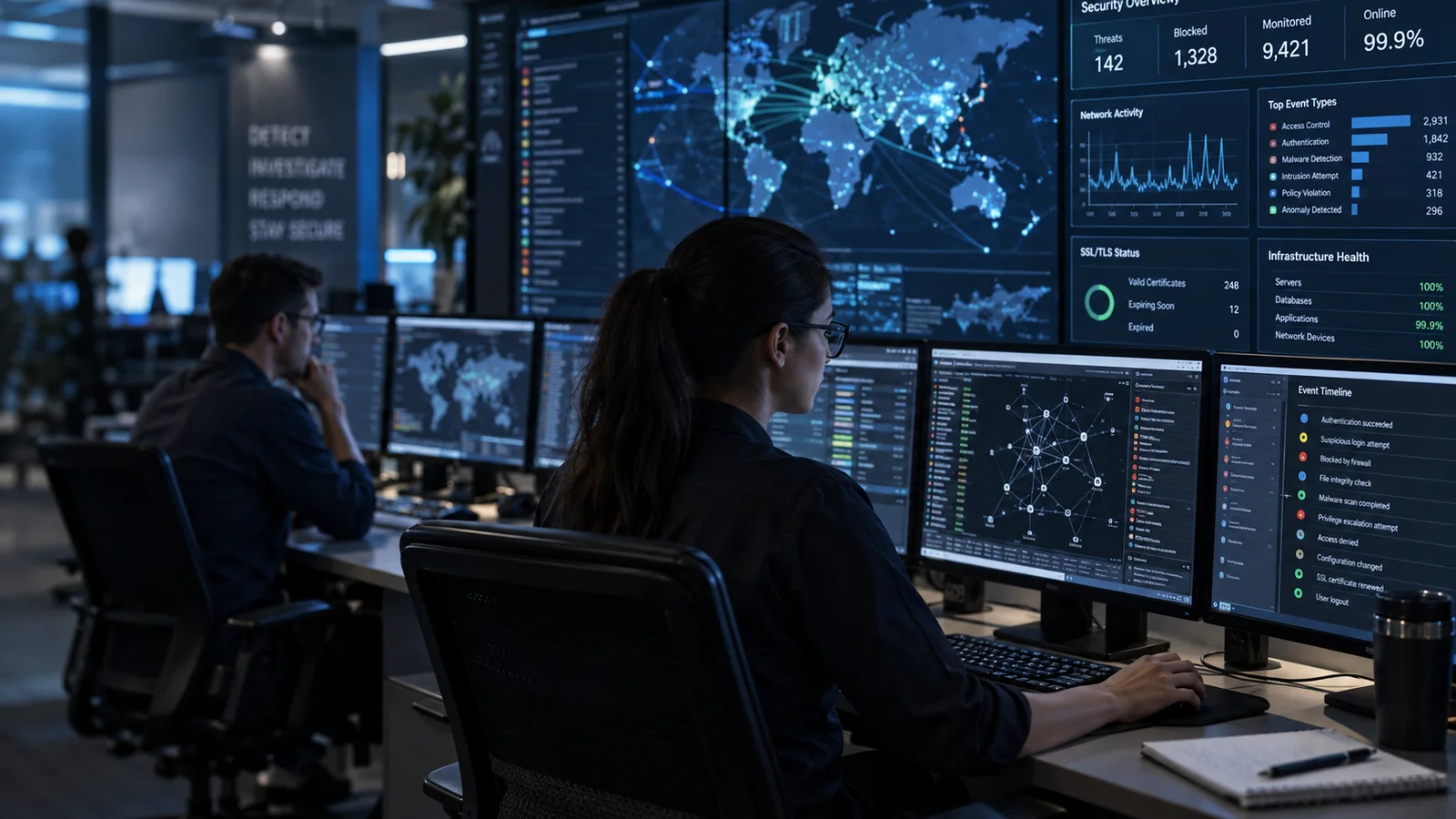 A professional security operations room with analysts reviewing event timelines and network activity on broad wall displays, realistic low light navy and cyan atmosphere, no hooded figures