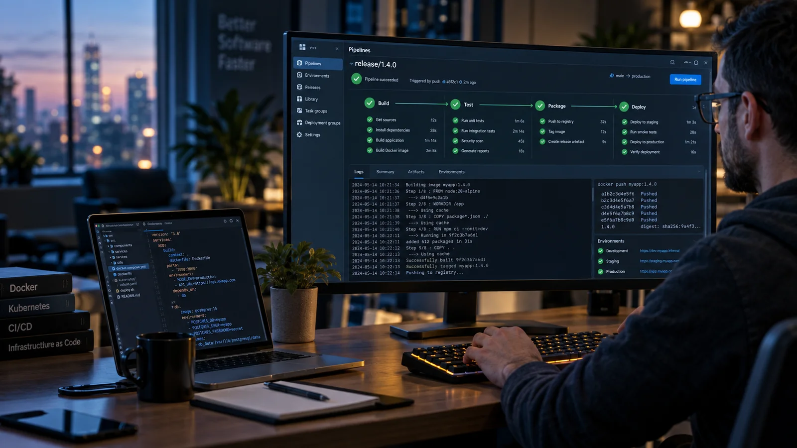 A release engineer at a desk with a wide monitor showing a detailed CI/CD pipeline of connected build, test and deployment stages, terminal logs alongside it, warm keyboard light