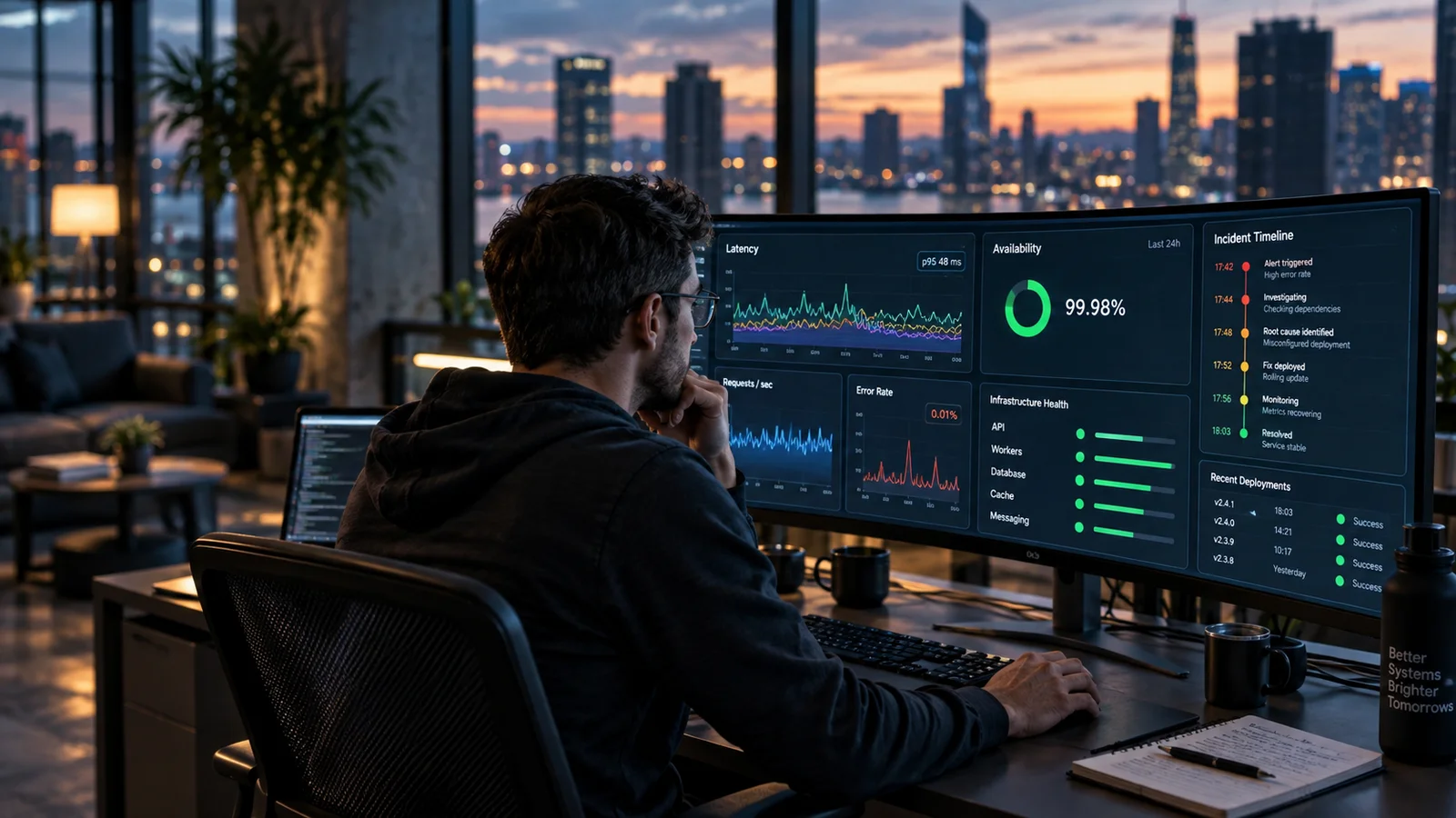 A service reliability engineer monitoring latency graphs, availability indicators and an incident timeline on a curved ultrawide monitor, city at dusk through the window, calm control room