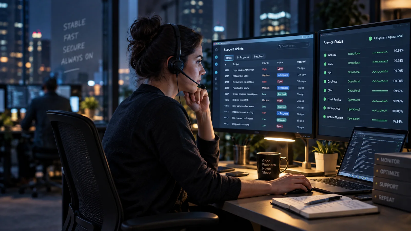 A professional support specialist wearing a discreet headset at a night-shift operations desk, support ticket queue and service status displays, warm task lamp contrasting with cool screens