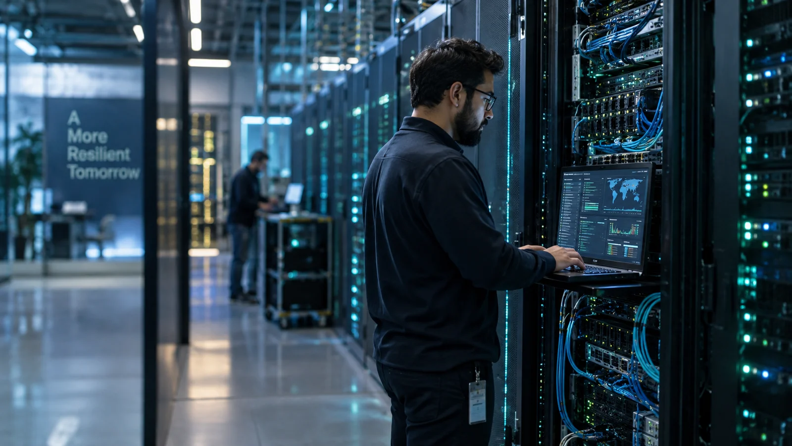 A sweeping view inside a modern data center with server cabinets receding diagonally to the right, crisp fiber connections and cool teal status lights