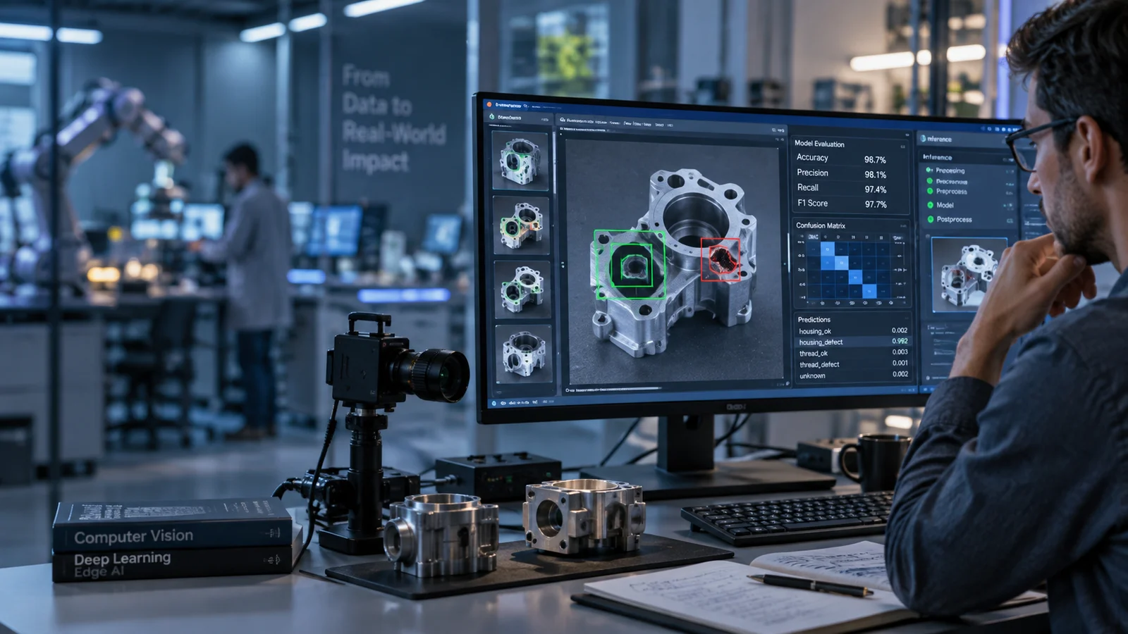 A machine learning researcher evaluating a computer vision model on an ultrawide display with annotated industrial component images, a precision camera and test parts on the desk
