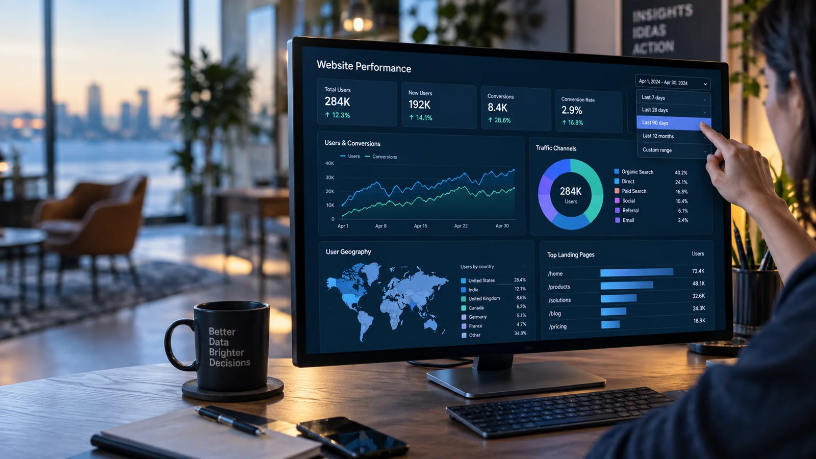 Close perspective of a beautifully detailed data visualization monitor with a scatter plot, line trends, donut breakdown and geographic map, analyst adjusting a filter, colorful but refined