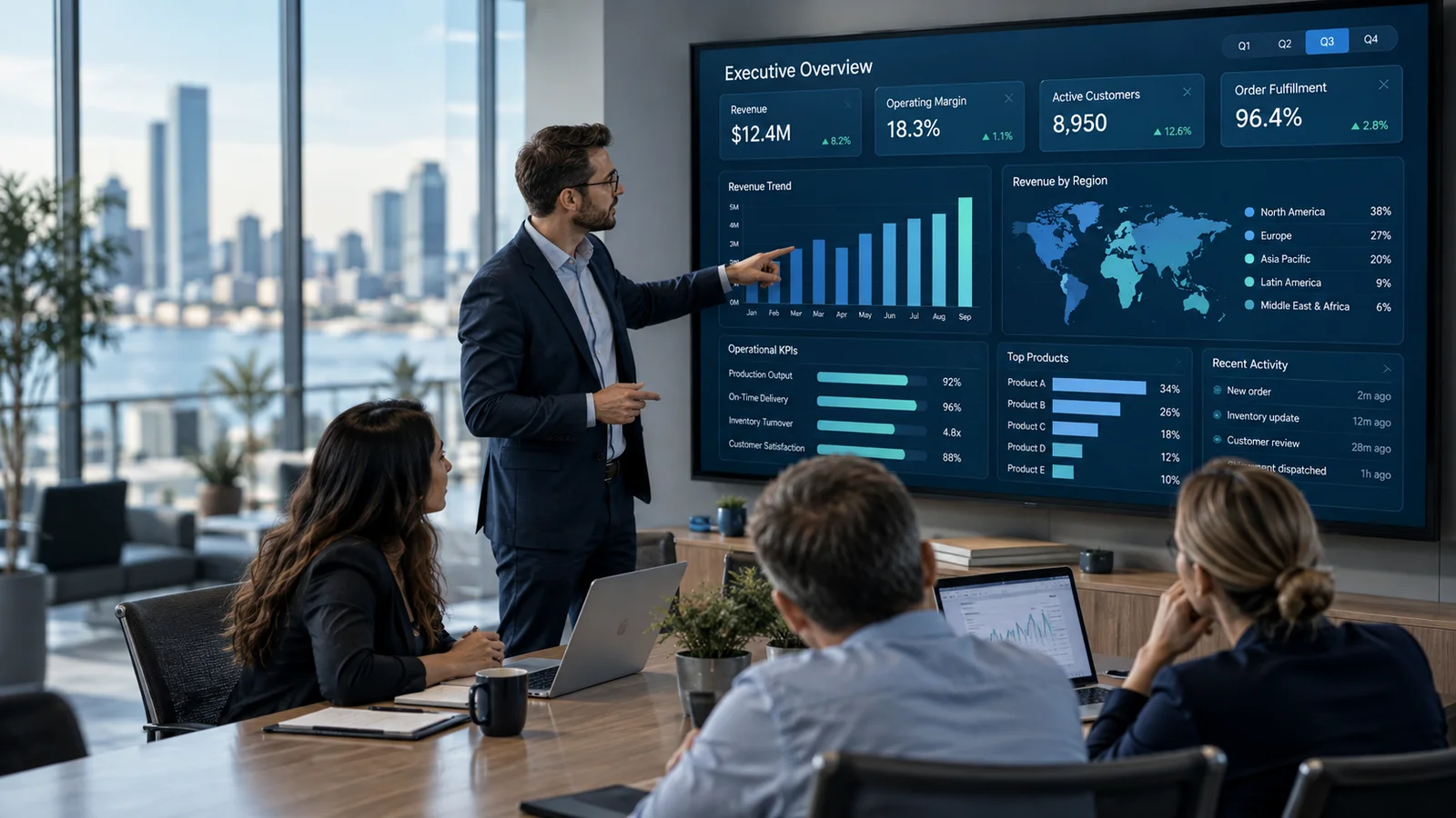 A finance and operations team reviewing a wall-mounted business intelligence dashboard with revenue bars, regional breakdown and operational KPI cards, professional daylight boardroom